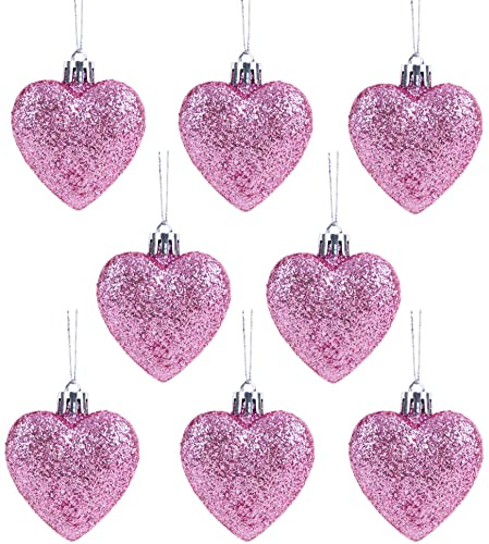 Christmas Concepts® Pack of 8-60mm Heart Shaped Christmas Tree Baubles – Glitter Decorated Baubles (Baby Pink)