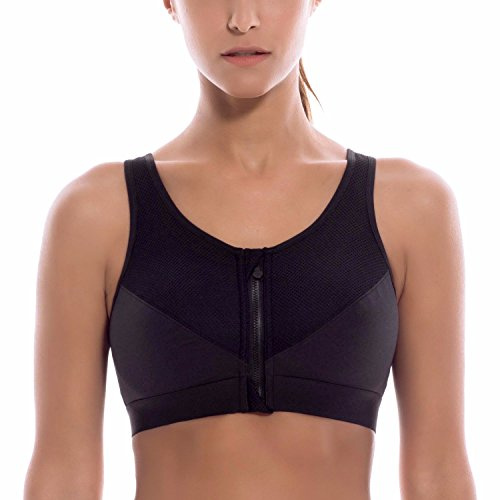 SYROKAN Women's Sports Bra High Impact Front Fastening Zipper Wireless Post Surgery Support Workout Bra Black 34C