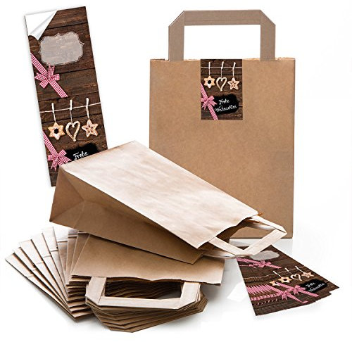 Logbuch-Verlag 25 braune Papiertüten - Weihnachtstüte mit Boden 18 x 8 x 22 cm mit Weihnachtsaufkleber Frohe Weihnachten - Verpackung Plätzchen Geschenke