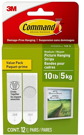 Command Picture Hanging Strips, Medium - 12 Pairs (24 Strips) Adhesive Strips, White - Damage Free Hanging - for Pictures, Frames, Mirrors, Wall décor and Signs - Holds up to 5.4kg