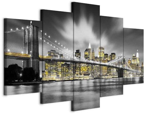 B&D XXL - Wandbilder XXL Skyline Manhattan 100x50cm 5 tlg - Wand Deko Leinwand Bilder Groß Wanddeko Wohnzimmer Schlafzimmer Kunstdrucke - New York City in der Nacht Panorama