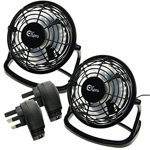 Ex-Pro 2 PACK Mini 4 Inch Ultra Quiet Desktop Cooling USB Fan with USB Mains Power, with Tilting Design, Perfect for Home and Office Use, Simple Plug and Play - Black