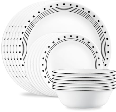 Corelle 18-piece Dinner Set, City Block, Black and White Service for 6, Chip Resistant Dinnerware, Includes 26cm Dinner Plates, 17cm Salad/Side Plates and 530ml Soup/Cereal Bowls