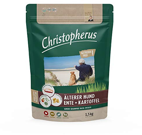 Christopherus Grainfree Senior, Vollnahrung für futtersensible Hunde ab dem 6. Jahr, Trockenfutter, Ente + Kartoffel, Krokettengröße ca. 1 cm, Älterer Hund, 1,5 kg