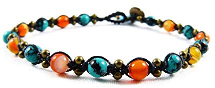 Fußkettchen mit Türkis und Feuer Achat Perlen - Thailand Makramee Tribal Surfer Fußband