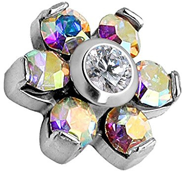 Piercingfaktor Dermal Anchor Piercing Skin Diver Anker Aufsatz Kugel Aufsatzkugel Ball Flach Stecker mit Strass Glitzer Kristall Ferido Blume Silber Rainbow