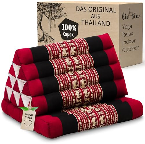 livasia Thaikissen mit 1 Auflage - 75x50x8cm - Dreieckskissen mit Sitzkissen, Keilkissen mit Kapok, Rückenkissen faltbar, Thaimatte zum Klappen, handgefertigt, Meditationskissen (Rot/Elefanten)