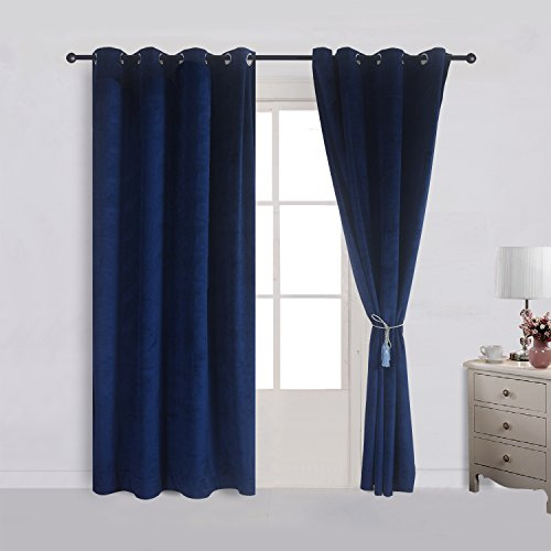 Cherry Home Set of 2 Velvet Flannel Blackout Curtains Panel Drapes Grommet Draperies Eyelet, Navy Royal Blue(2 Panels) Theater| Bedroom| Living Room| Hotel, 52 in x 63 in (W x L)