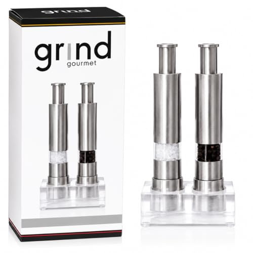 Grind Gourmet Pump & Grind original salt- och pepparkvarnar i rostfritt stål, salt- och pepparkvarnar finns i rostfritt stål, röd och svart med salt- och pepparförpackningar och