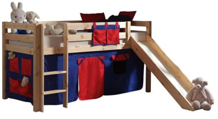 VIPACK PICOHSGB1075 Spielbett Pino mit Rutsche und Textilset Domino, Maße 210 x 114 x 218 cm, Liegefläche 90 x 200 cm, Kiefer massiv Natur lackiert