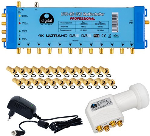 HB-DIGITAL Set: Quattro LNB Weiß (Test: SEHR GUT) + Multischalter pmse 5/12 1x Satellit und bis zu 12x Teilnehmer/Receiver für Full HDTV 3D 4K UHD mit Netzteil + 25 Vergoldete F-Stecker
