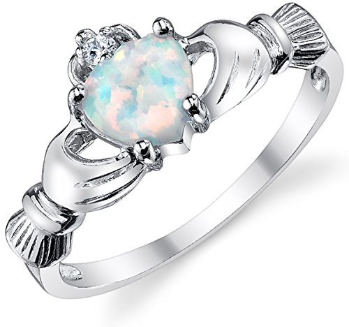 Metal Masters Sterling Silver 925 Irish Claddagh Friendship & Love Ring with Simulated Opal Heart 8