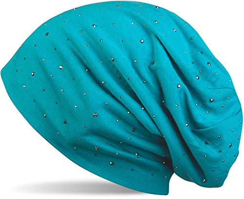 styleBREAKER dammössa dekorerad med eleganta strasstenar, lång beanie, 04024037, Turkos, En Storlek