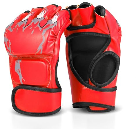 Flexzion MMA-Handschuhe- 8oz Grappling Muay Thai Martial Arts Kampf UFC Sparring Schlagen Boxen PU-Leder-Trainingshandschuhe mit Klettverschluss, EIN Paar für Erwachsene Männer, Rot