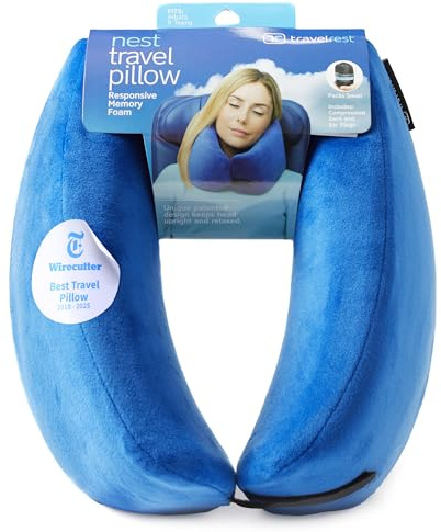 travelrest Nest Neck Pillow for Travel - Advanced Support for Long Flights, Memory Foam Patented Design for Optimal Relaxation, Ergonomic, and Washable, On-the-Go and Attaches to Luggage - Blue