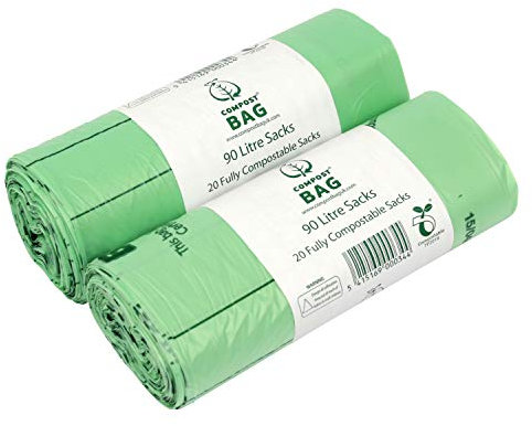 90L x 40 Compostable Compost Bag Food Waste Sacks - Commercial size - 90 Litre Food Waste Bin Liners - EN 13432 - with Composting Guide
