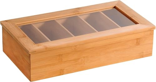Kesper | Teebox aus Bambus | 5 Fächer | Material: Bambus | Maße: 36 x 20 x 9 cm | Teekiste mit Sichtfenster | ideal für Teebeutel, Kaffeepads & als Teekasten