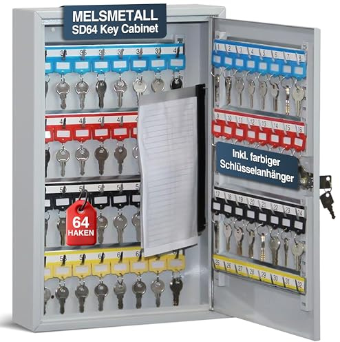 Melsmetall Schlüsselschrank mit 64 Haken– Schlüsselkasten SD64 | Schlüsselbox aus Stahl, abschließbarer Safe, magnetische Außenseite, höhenverstellbare Leisten, Wandmontage (45x30x8cm)
