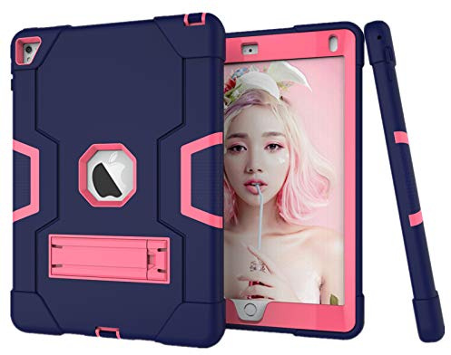 HyFone Funda para iPad Air 2 iPad Pro 9.7 - Robusto Anti Caída Duradero Resistente Protector de Cuerpo Completo Case Cover para iPad A1566 A1567 A1673 A1674 A1675 - [Azul Marino/Rosa Roja]