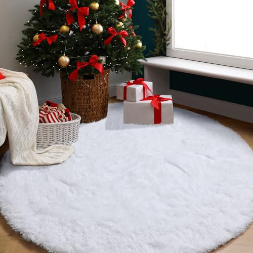 Amdrebio - Alfombra Redonda, 122 cm, Blanca, Pelo Largo, Lavable, mullida, para Dormitorio, Sala de Estar, guardería, habitación Infantil, Juvenil