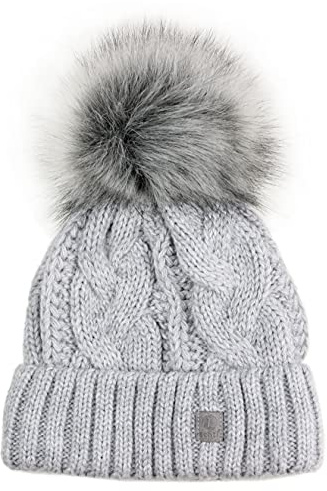 Ever Bloom Strickmütze Damen Zopfmuster, Beanie Mütze mit Kunstfell Bommel Abnehmbar, made in EU, Warme Wintermütze mit Fleece Innenfutter Hochwertig