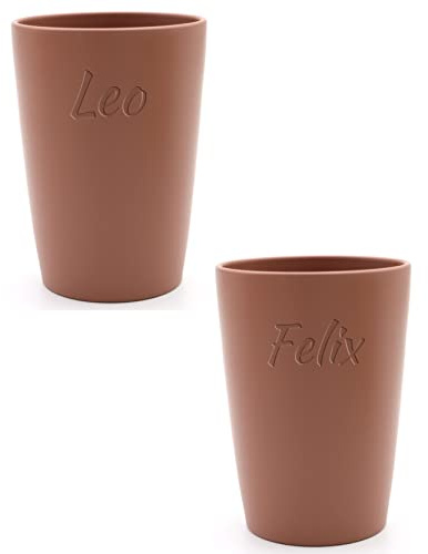 Magu Lot de 2 gobelets personnalisés en biopolymère (100% sans pétrole) avec nom | Lot de 2 gobelets dents personnalisés Nature Design 2 pièces Terre cuite