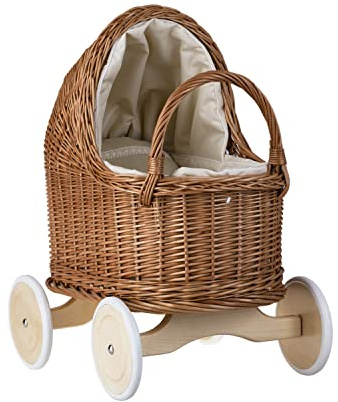e-wicker24 Alles aus Weide Korbpuppenwagen mit Holzuntergestell – Vintage-Stil, wunderschöne Dekoration für Fotoshootings (Beige)