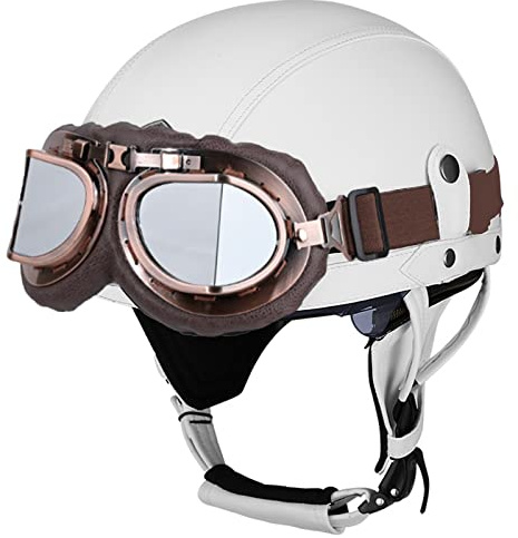LHBM Rétro Casque Moto Bols,Casques Demi-Jet Homologué Dot/ECE avec Visière UV Lunettes Casque de Moto Cuir Style de Vintage Demi Casque pour Scooter Bike Chopper Moped Casque L,S=55-56cm
