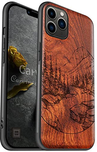 Carveit Coque Compatible avec iPhone 11 Pro Max Étui [Etui en Bois Rigide Antichoc avec Cadre en TPU] Téléphone Étui pour 11 Pro Max Coque Protection (Rosé-Paysage Naturel Sauvage)