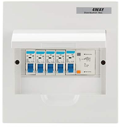 Unità di consumo a 4 vie, tettoia per garage con pannello interruttore, scheda fusibili di protezione da minime perdite IP65 per garage domestico 63A 30mA RCD + 4MCB, 2 x 6A + 16A + 32A