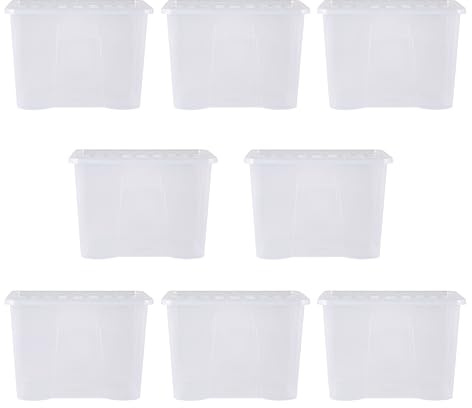 Wham Crystal 8x 80L Plastic Storage Boxes with Lids. Large, Strong (Pack of 8, 80 Litre) Made in the UK (Clear)