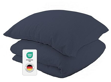 jilda-tex Bio-Bettwäsche Musselin Medina 100% Bio-Baumwolle Knitterlook Bügelfrei Uni Made in Green (Dunkelblau, 240x220 + 2X 80x80 cm)