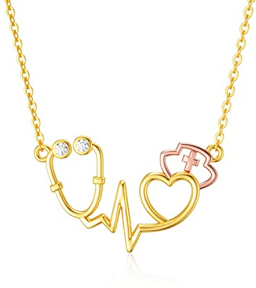 Rikelus Echtgold Stethoskop-Halskette für Damen Ärztin Krankenschwester Medizinstudentin,375/9ct Gold Stethoskop Anhänger Halskette Schmuck Geschenke zum Abschluss Weihnachten 40+5 cm