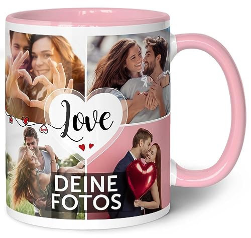 GRAVURZEILE Tasse mit dem Spruch Love zum selbst gestalten mit Foto Collage für acht eigene Fotos - Fototasse personalisiert - Persönliches Geschenk für Paare Freundinnen und Familie Farbe Rosa
