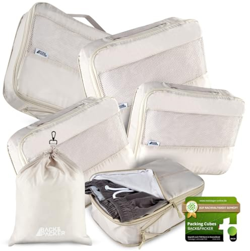 BACK&PACKER® Packing Cubes mit Kompression 6-teilig - Packtaschen Set aus recyceltem Material - Leichte Organizer für Rucksack & Koffer - inkl. Packwürfel für nasse Wäsche & Beutel (beige hell)