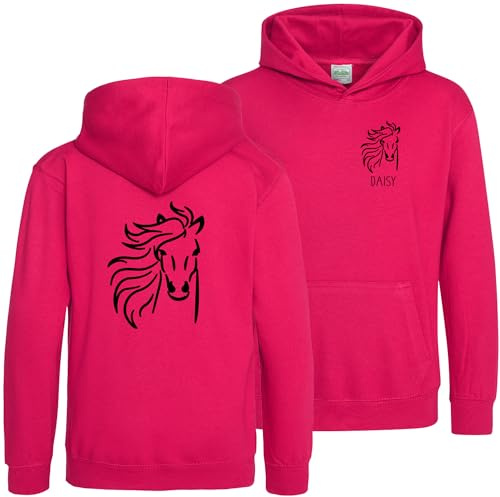 Personalised Horses Head Kids Hoodie Girls Custom Horse Riding Hooded Sweatshirt Equestrian, 9-11 Years, Bright Pink