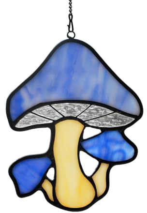 BOXCASA Mushroom Decor Stained Glass Window Hanging,Blue Mushroom Stained Glass Sun Catcher Indoor Window,Mushroom Party Decorations,Home Decor for Living Room Bedroom Kitchen Bathroom