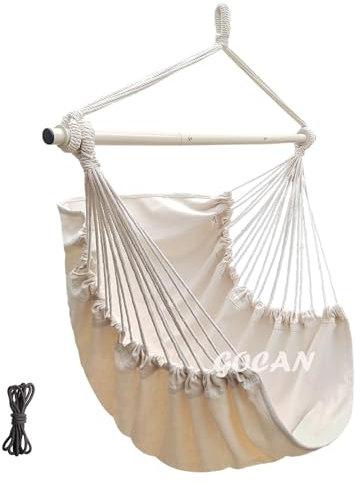 GOCAN Hängematte Stuhl Schaukel, 110 x 150cm Last 150kg, Baumwolle Mit Metall Spread Bar, Breiter Sitz (Beige)