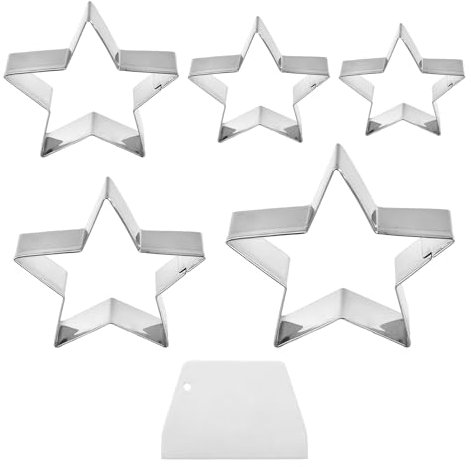 5 moldes de estrella con 1 raspador para hornear, cortadores de estrella, cortadores de estrellas de acero inoxidable, juego de moldes para hornear, adecuado para la fabricación de galletas, fondant,