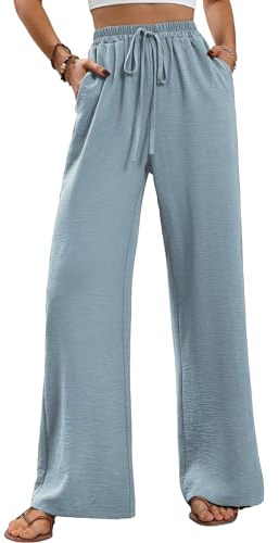 Pantalones anchos para mujer, elegantes, anchos, de cintura alta, sueltos, para verano, palazzo, elásticos, largos con bolsillos, azul claro, S