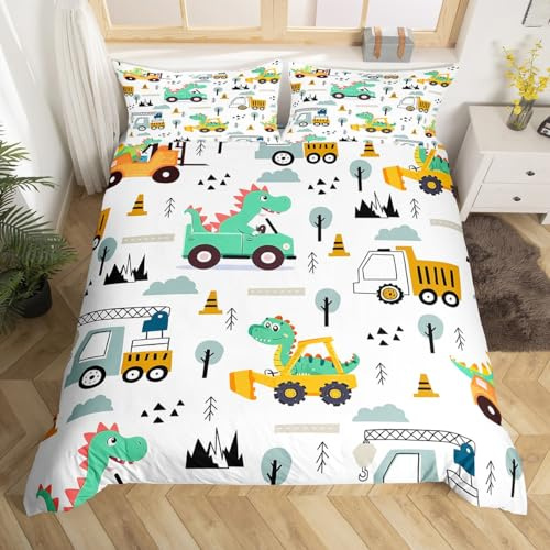 Set di biancheria da letto per bambini con copripiumino con motivo dinosauri per ragazzi e ragazze, set di biancheria da letto con veicoli da costruzione, camion, copripiumino con cerniera per
