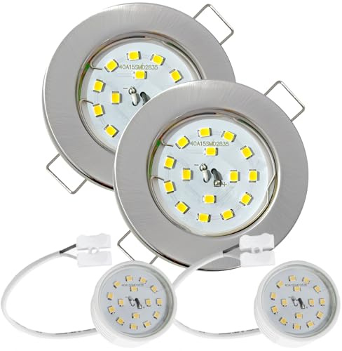 2er Set Flache SMD LED Modul Einbaustrahler | Farbe Edelstahl gebürstet | 5W | 230V | Starr | Klemmring | LED Spots für die Decke mit wenig Einbautiefe | Wohnzimmer | Küche | Schlafzimmer usw.