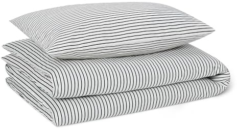 Amazon Basics Set Ropa de Cama Infantil 100% Algodón Orgánico, Funda Nórdica Reversible 100 x 135 cm & Funda de Almohada 40 x 60 cm para Cama Infantil, Rayas Azul Marino