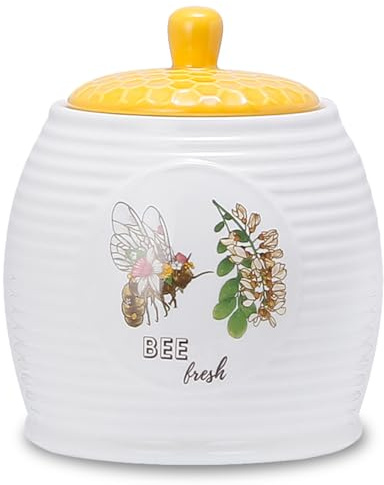 Prefdo Kitchen Storage Canisters Honey Bee & Flower Pattern Ceramic Tea Coffee Sugar Storage Canister Jar with Airtight Lid for Home Modern Kitchen, 1100ml/37oz, X Large