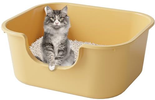Pawsayes Offener Kattentoilettenträger mit hoher Umrandung und niedrigem Einstiegsrand, abgedichtet und gegen Kieselsturz geschützt (Gelb)