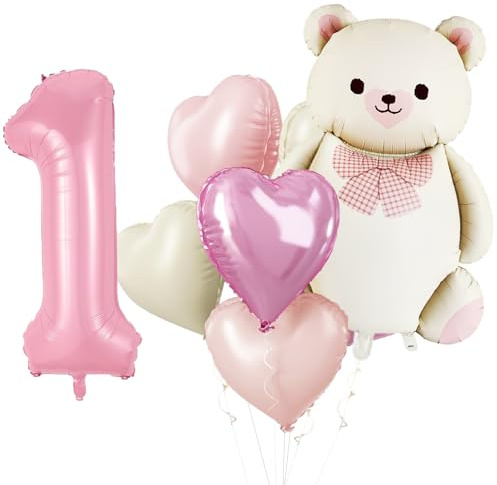 Koboko Bär Geburtstagsdeko 1 Jahr Mädchen Rosa, Luftballon 1. Geburtstag Mädchen, Ballon Bären Deko 1 Geburtstag, Herz Folienballon 1 Jahr Deko Geburtstage, Rosa Ballons Erster Geburtstage Mädche