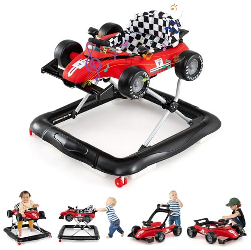 COSTWAY 4 in 1 Girello per Bambini, Altezza Regolabile a 3 Livelli, Passeggino per Bambini, con Volante Imbottito e Scatola Musicale, Portata 12 kg, per Bambini 6-18 Mesi (Rosso)