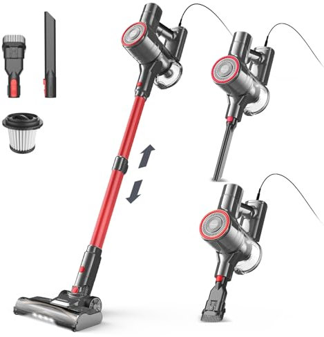 Staubsauger, 6-in-1 Stielstaubsauger & Handstaubsauger mit 6M Kabel, 23Kpa stark Saugkraft, 600W Motor, freistehender Staubsauger Beutellos Vacuum Cleaner für Harte Böden Teppich, klein leicht leiser
