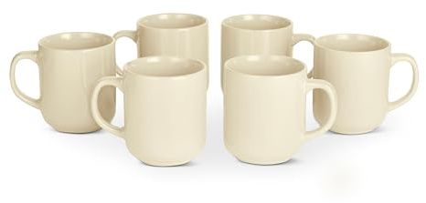 Amazon Basics Tazze Mug da Caffè in Gres Smaltato, Set di 6 Pezzi, 473ml, Adatte al Microonde e alla Lavastoviglie, Avorio