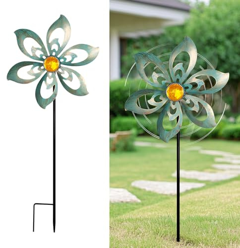 Windrad Garten für Draußen Windspiele Stehend für Gartendeko, Windräder Gartenstecker Metall, Retro Windmühle Frühling, Frühlingsdeko für Balkon Hof Rasen Garten Dekoration (B)